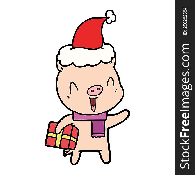 Happy Line Drawing Of A Pig With Xmas Present Wearing Santa Hat