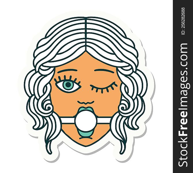 Tattoo Style Sticker Of Winking Female Face With Ball Gag