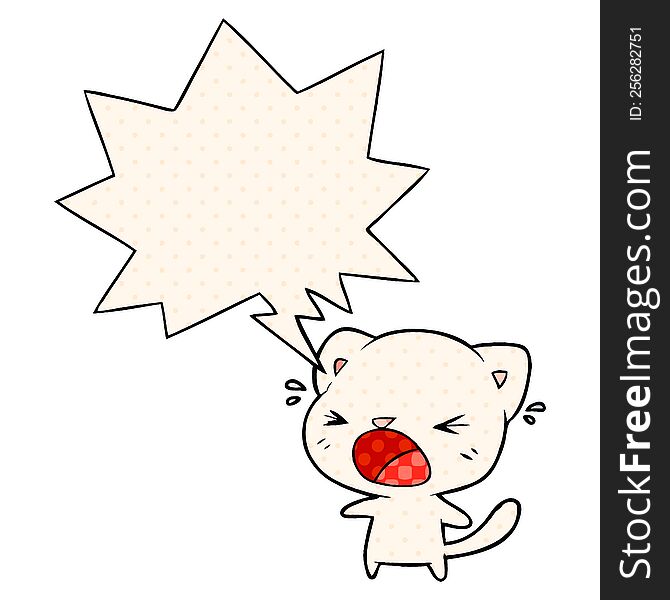 cute cartoon cat crying with speech bubble in comic book style