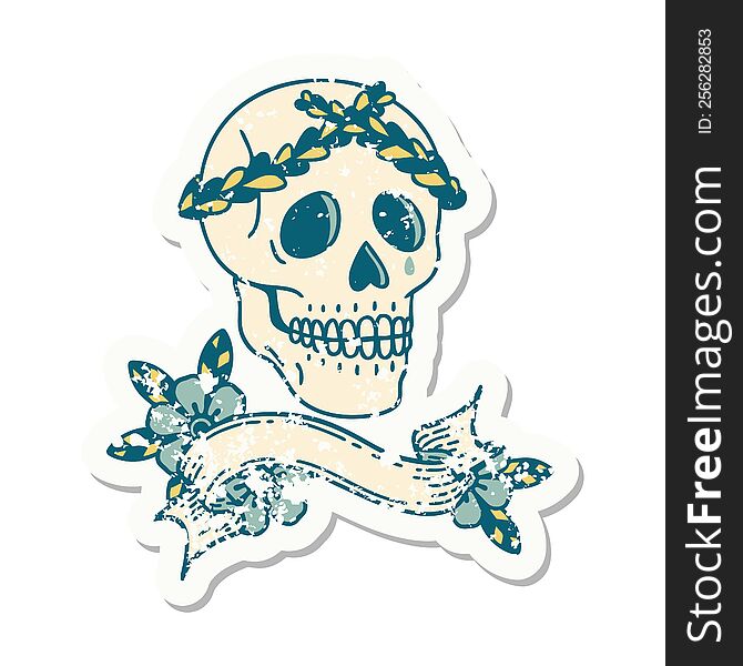 Grunge Sticker With Banner Of A Skull With Laurel Wreath Crown