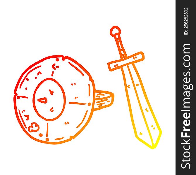 warm gradient line drawing of a old gladiator shield and sword