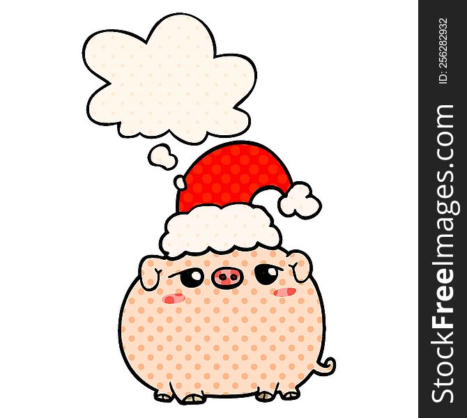 Cartoon Pig Wearing Christmas Hat And Thought Bubble In Comic Book Style