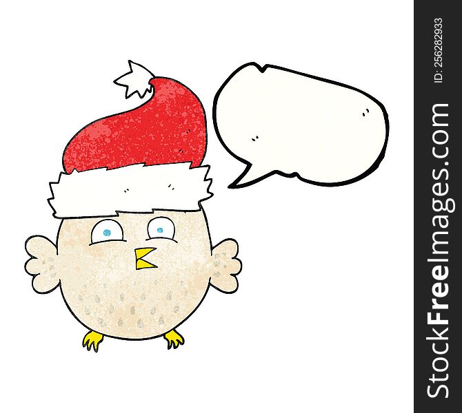 Speech Bubble Textured Cartoon Owl Wearing Christmas Hat