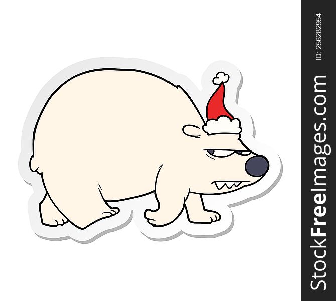 Sticker Cartoon Of A Angry Polar Bear Wearing Santa Hat