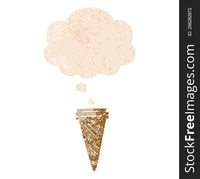 Cartoon Ice Cream Cone And Thought Bubble In Retro Textured Style
