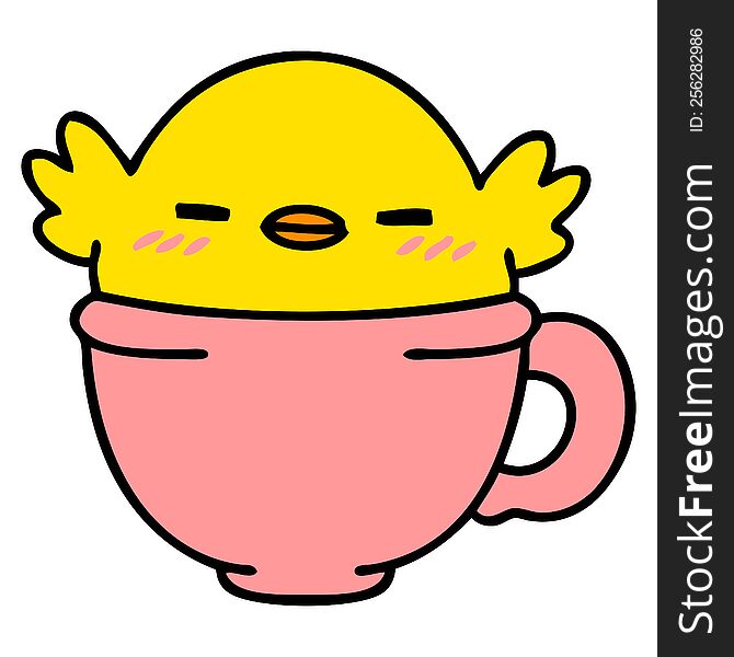 cartoon of a cute baby bird sitting in a coffee cup. cartoon of a cute baby bird sitting in a coffee cup
