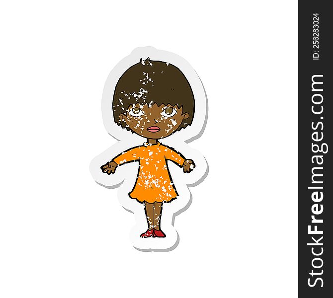 Retro Distressed Sticker Of A Cartoon Woman In Dress