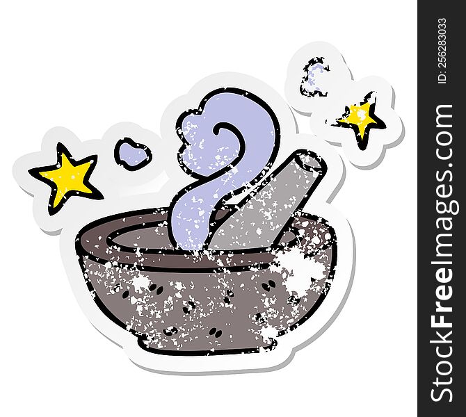 Distressed Sticker Of A Quirky Hand Drawn Cartoon Magic Pestle And Mortar