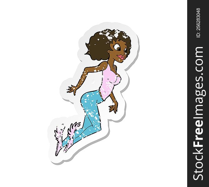 Retro Distressed Sticker Of A Cartoon Flying Woman