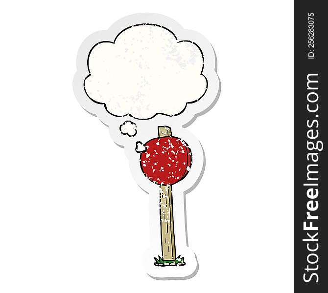 cartoon sign post with thought bubble as a distressed worn sticker