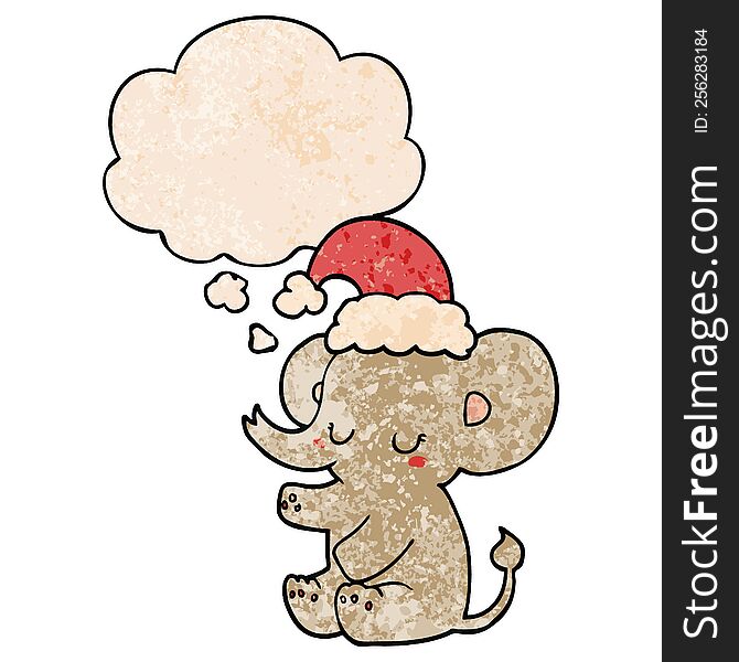 Cute Christmas Elephant And Thought Bubble In Grunge Texture Pattern Style