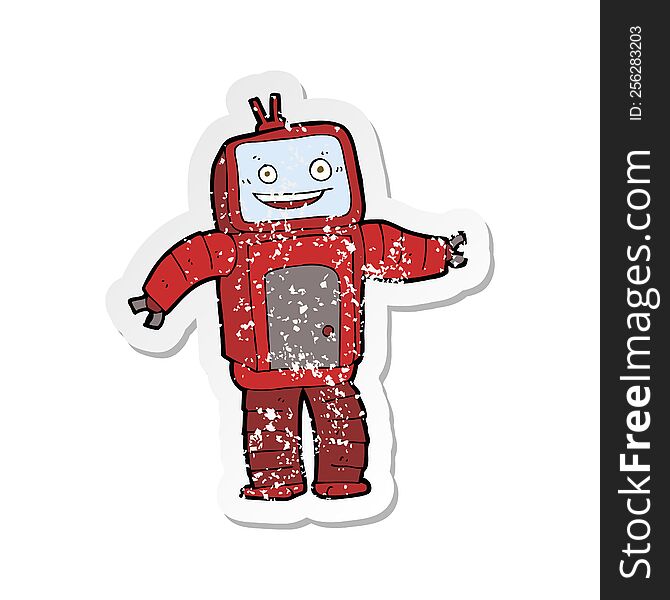 Retro Distressed Sticker Of A Cartoon Funny Robot
