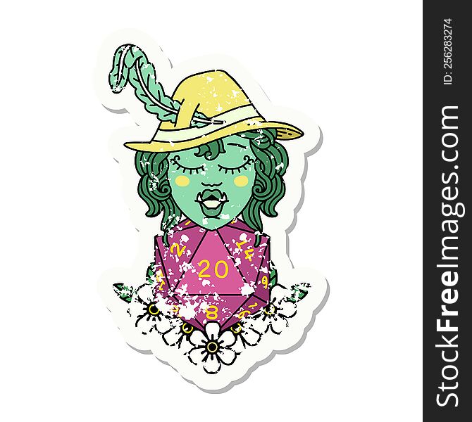 grunge sticker of a half orc bard with natural twenty dice roll. grunge sticker of a half orc bard with natural twenty dice roll