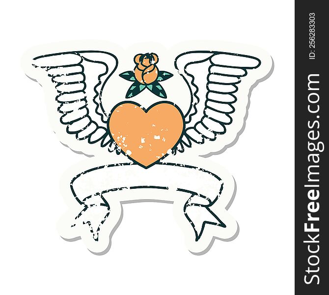 Grunge Sticker With Banner Of A Heart With Wings