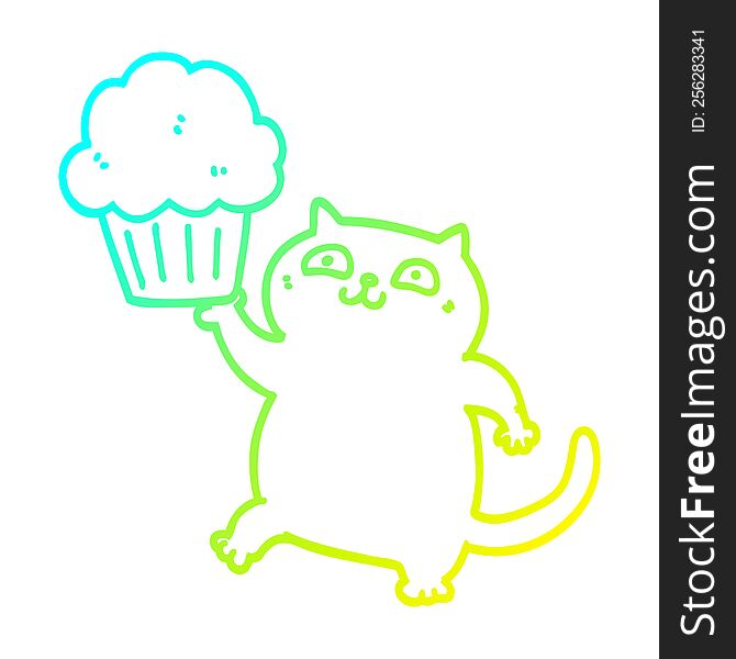 Cold Gradient Line Drawing Cartoon Cat With Cupcake