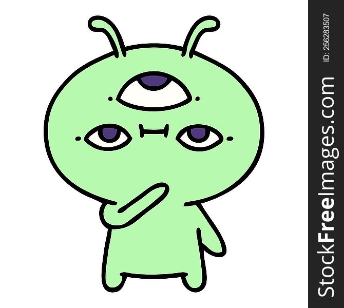 cartoon of a small alien looking thoughtful