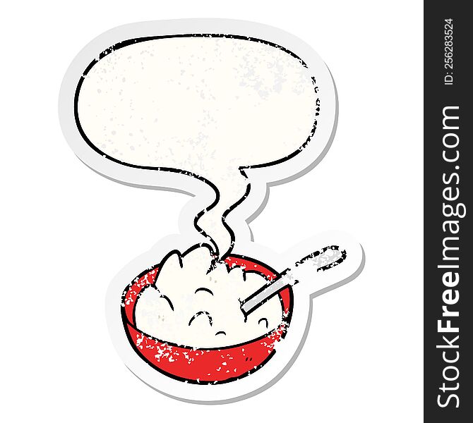 Cartoon Bowl Of Porridge And Speech Bubble Distressed Sticker