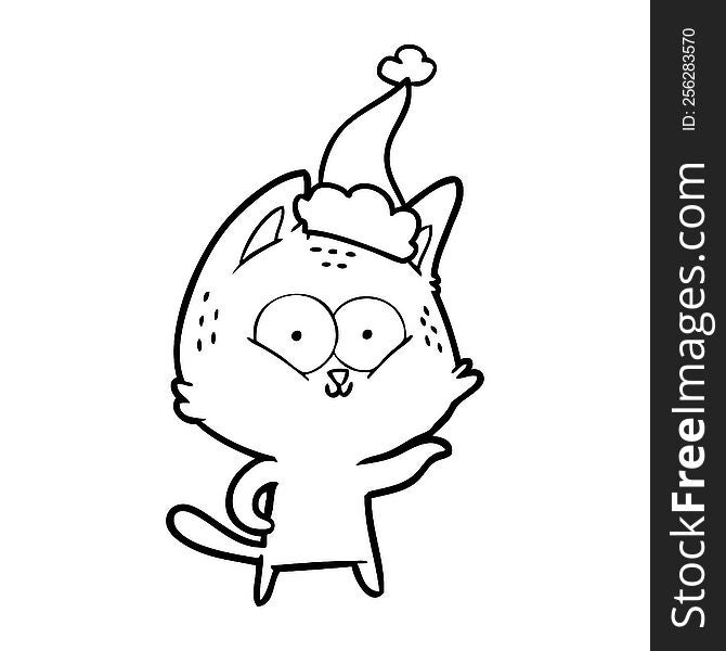 hand drawn line drawing of a cat wearing santa hat