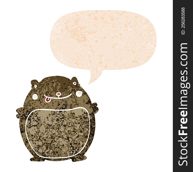 Cartoon Fat Bear And Speech Bubble In Retro Textured Style