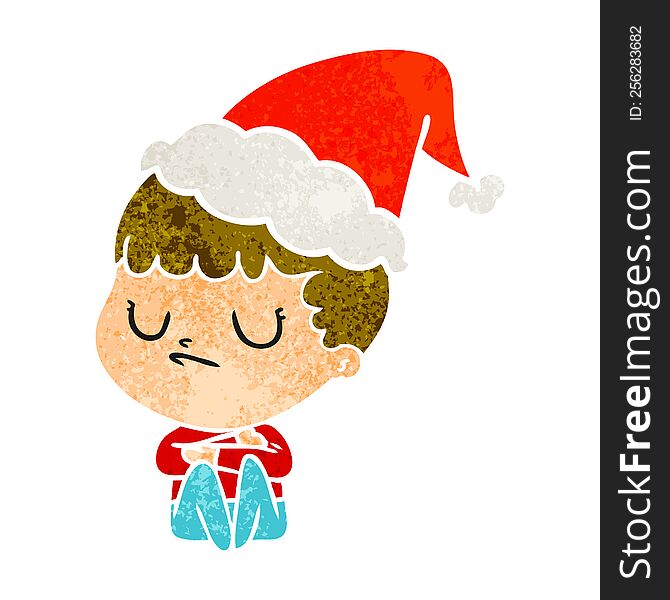 hand drawn retro cartoon of a grumpy boy wearing santa hat