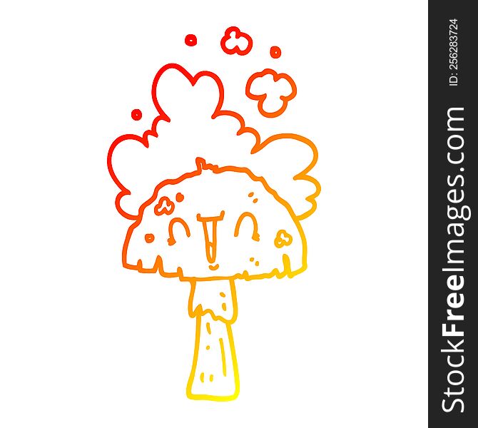 Warm Gradient Line Drawing Cartoon Mushroom With Spoor Cloud