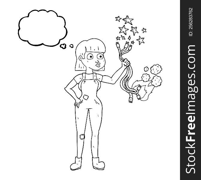 freehand drawn thought bubble cartoon female electrician
