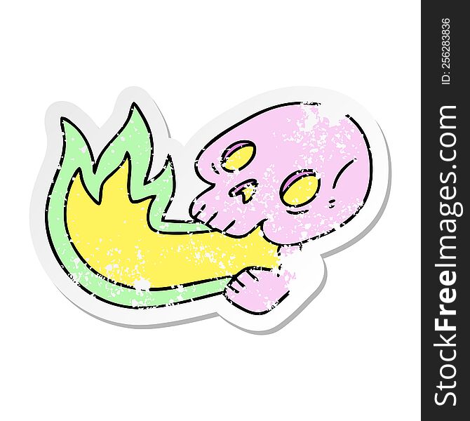 distressed sticker of a fire breathing quirky hand drawn cartoon skull