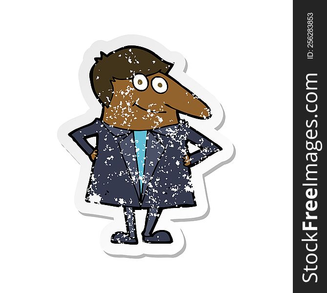 Retro Distressed Sticker Of A Cartoon Happy Man In Suit