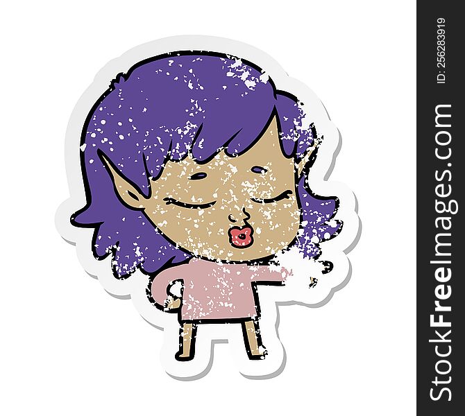 Distressed Sticker Of A Pretty Cartoon Elf Girl Pointing