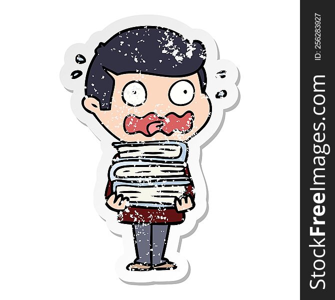 distressed sticker of a cartoon man with books totally stressed out