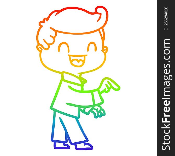 rainbow gradient line drawing of a cartoon happy man pointing