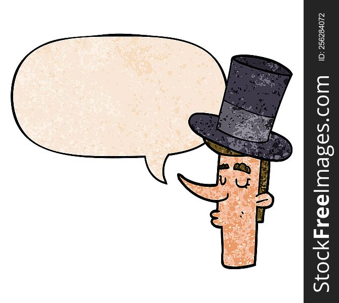 Cartoon Man Wearing Top Hat And Speech Bubble In Retro Texture Style