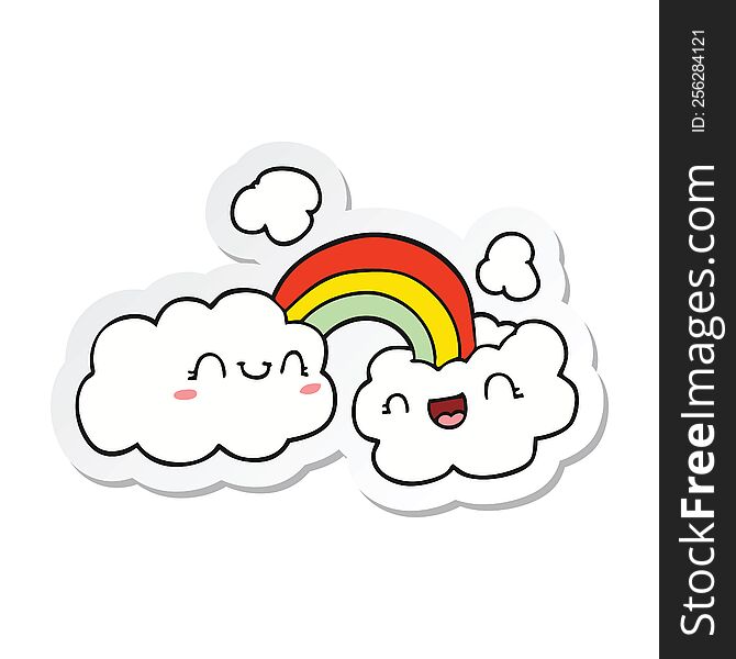 sticker of a happy cartoon clouds and rainbow