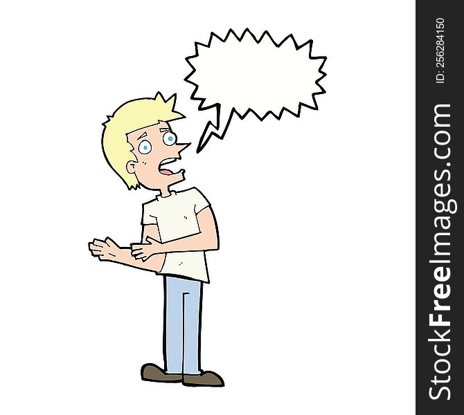 cartoon man making excuses with speech bubble