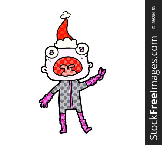 hand drawn comic book style illustration of a weird alien waving wearing santa hat