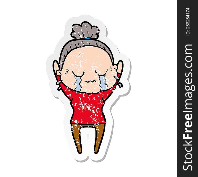 Distressed Sticker Of A Cartoon Old Woman Crying