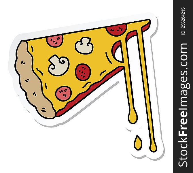 Sticker Of A Quirky Hand Drawn Cartoon Cheesy Pizza