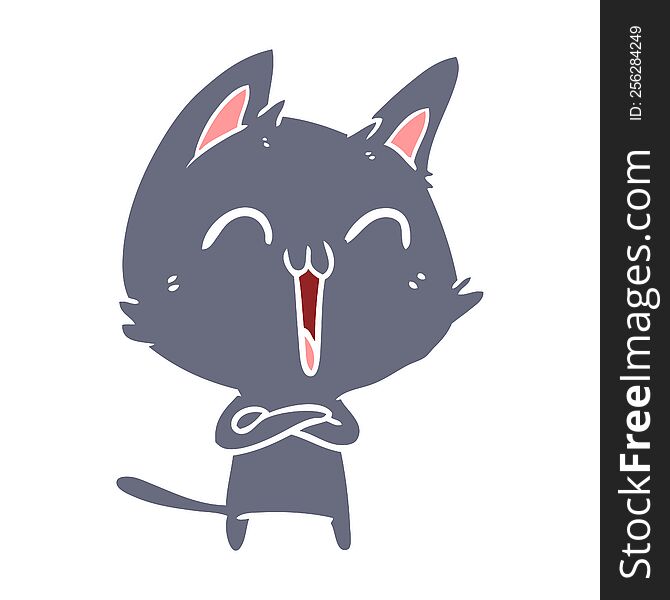 Happy Flat Color Style Cartoon Cat Meowing