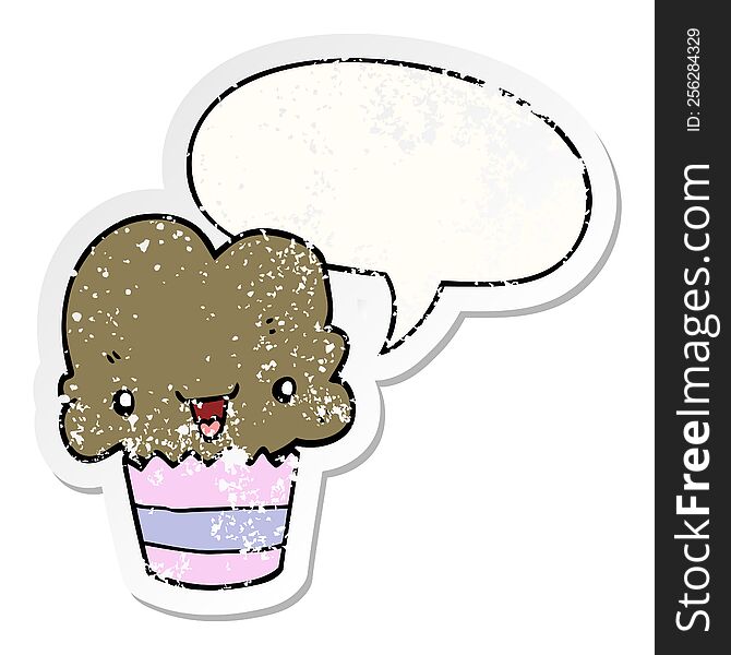 Cartoon Cupcake And Face And Speech Bubble Distressed Sticker