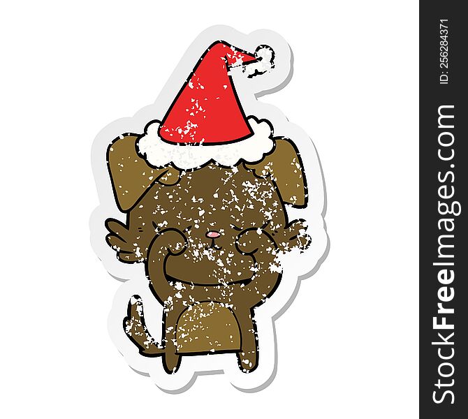cute hand drawn distressed sticker cartoon of a dog wearing santa hat. cute hand drawn distressed sticker cartoon of a dog wearing santa hat