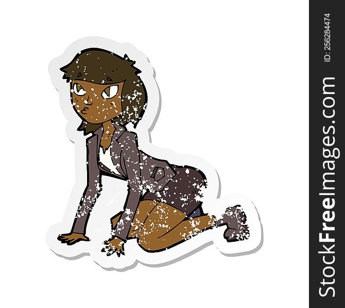 Retro Distressed Sticker Of A Cartoon Woman On Hands And Knees