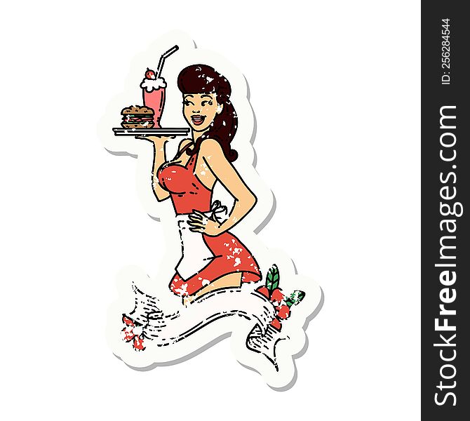 distressed sticker tattoo of a pinup waitress girl with banner