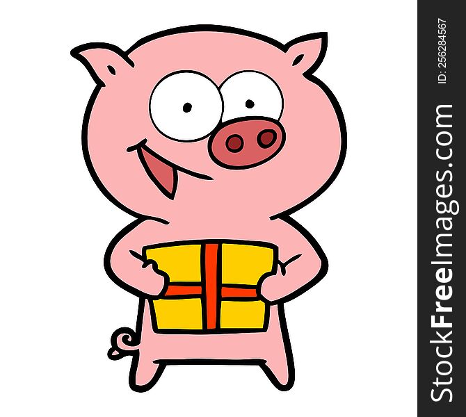 cheerful pig with christmas gift. cheerful pig with christmas gift