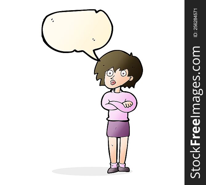 cartoon woman wit crossed arms with speech bubble