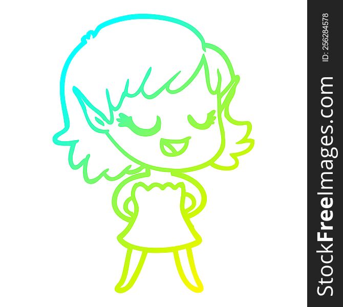 Cold Gradient Line Drawing Happy Cartoon Elf Girl