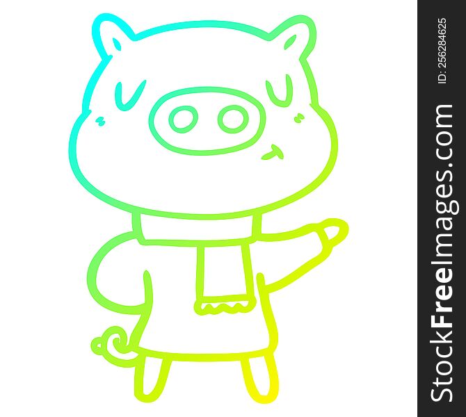 cold gradient line drawing of a cartoon content pig in winter attire