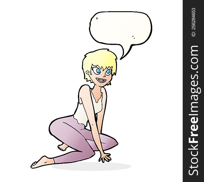 cartoon happy woman sitting on floor with speech bubble