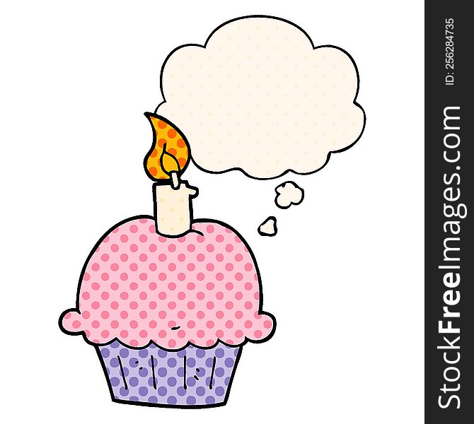 cartoon birthday cupcake with thought bubble in comic book style