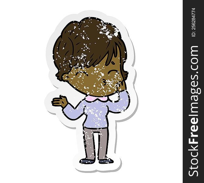 distressed sticker of a cartoon woman thinking