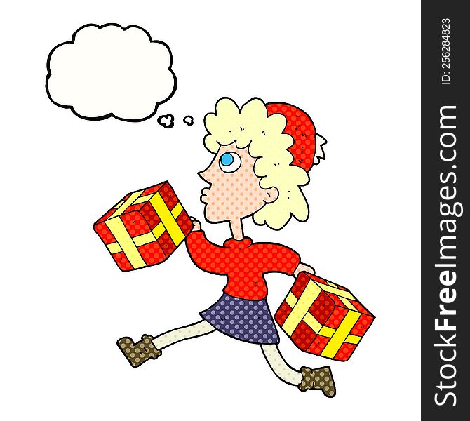 freehand drawn thought bubble cartoon running woman with presents